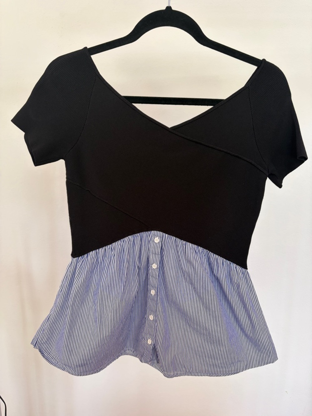 Nicole Miller Striped Mixed-Media Peplum Top- Medium